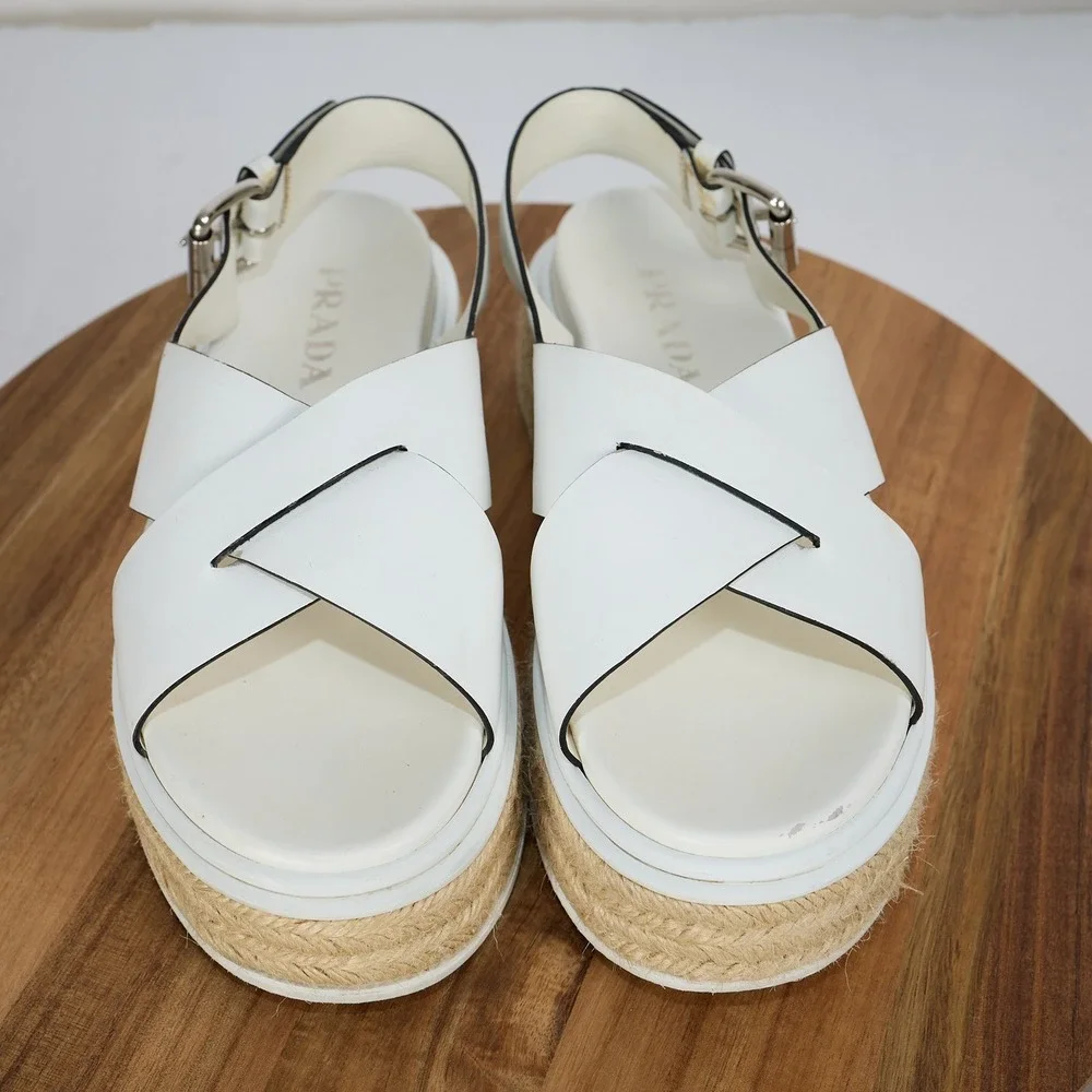 Prada White Leather Crisscross Platform Espadrille Sandals 36 Slingback Flatform